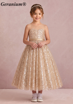Geranium Luxury Champagne Gold Sequin Flower Girl Dress - Illusion Neckline Tulle Ball Gown for Kids KD-267