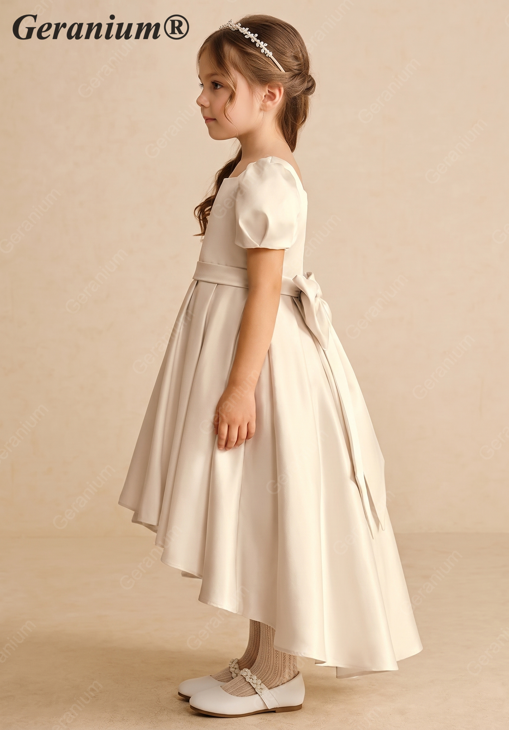 Geranium Satin Puff Sleeve Flower Girl Dress - High-Low First Communion Gown with Oversized Bow Back KD-249