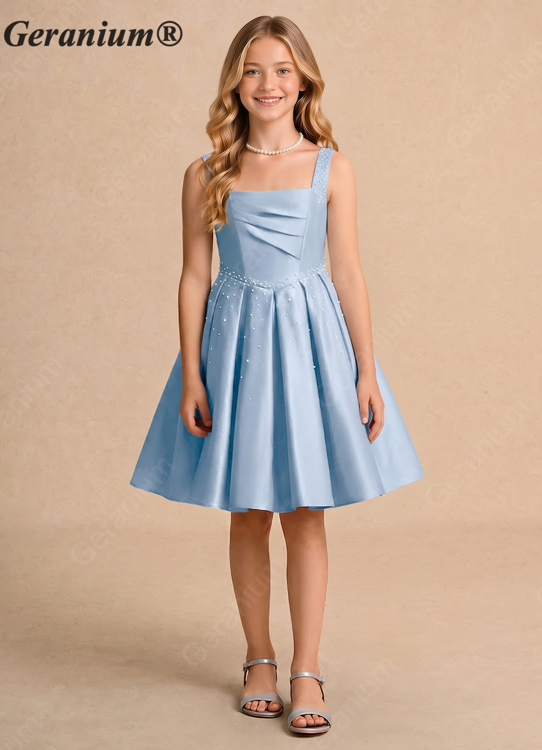 Geranium Sky Blue Square Neck Satin Flower Girl Dress with Pearl Beading & Pleated Bodice KD-251