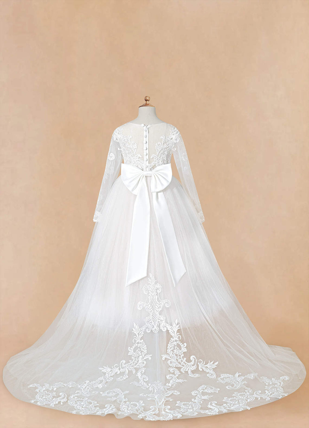 Geranium Elegant Lace Long Sleeve Flower Girl Dress with Oversized Back Bow & Tulle Train KD-208