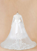 Geranium Elegant Lace Long Sleeve Flower Girl Dress with Oversized Back Bow & Tulle Train KD-208