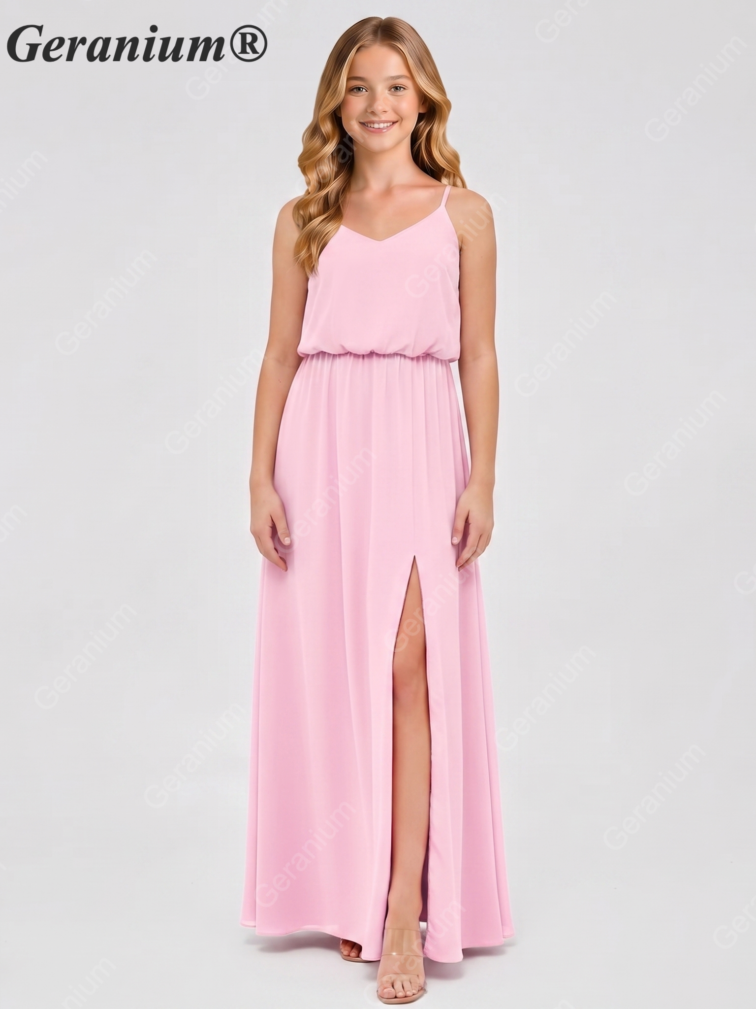 Geranium Elegant Chiffon Spaghetti Strap Junior Bridesmaid Dress with Leg Slit KD-314