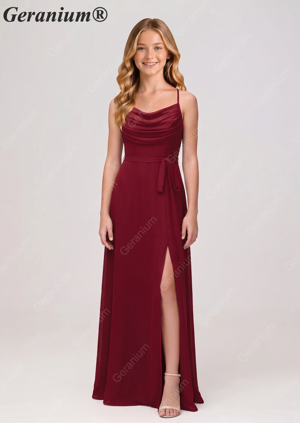 Geranium Elegant Cowl Neck Chiffon Junior Bridesmaid Dress with Side Slit KD-311