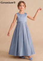 Geranium Elegant Dusty Blue Satin Flower Girl Dress with Oversized Back Bow - Pleated A-Line Junior Bridesmaid Gown KD-270