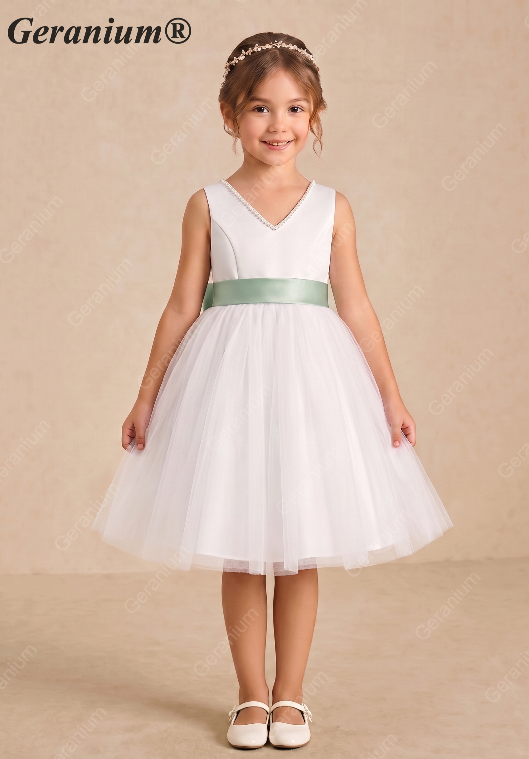 Geranium Elegant Pearl V-Neck Flower Girl Dress with Detachable Sage Green Satin Back Bow KD-298 Main image