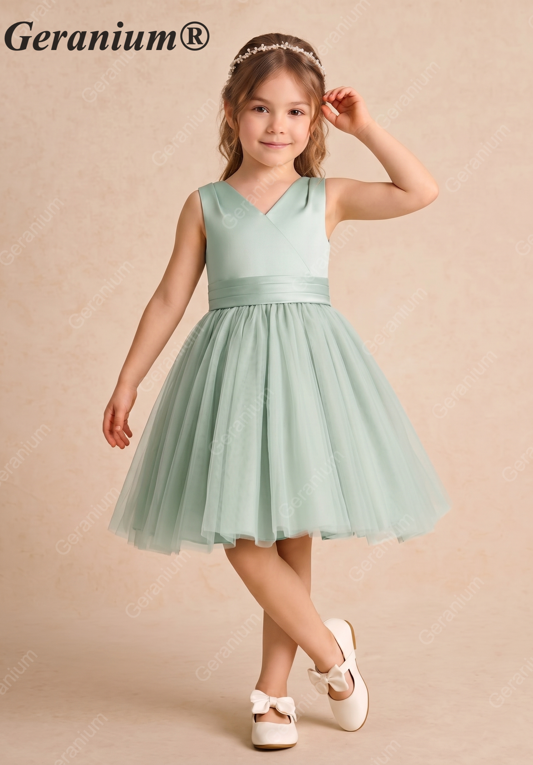 Geranium Sage Green Tulle Flower Girl Dress with Oversized Pearl Bow & Satin Bodice KD-256 Main image