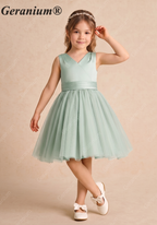 Geranium Sage Green Tulle Flower Girl Dress with Oversized Pearl Bow & Satin Bodice KD-256