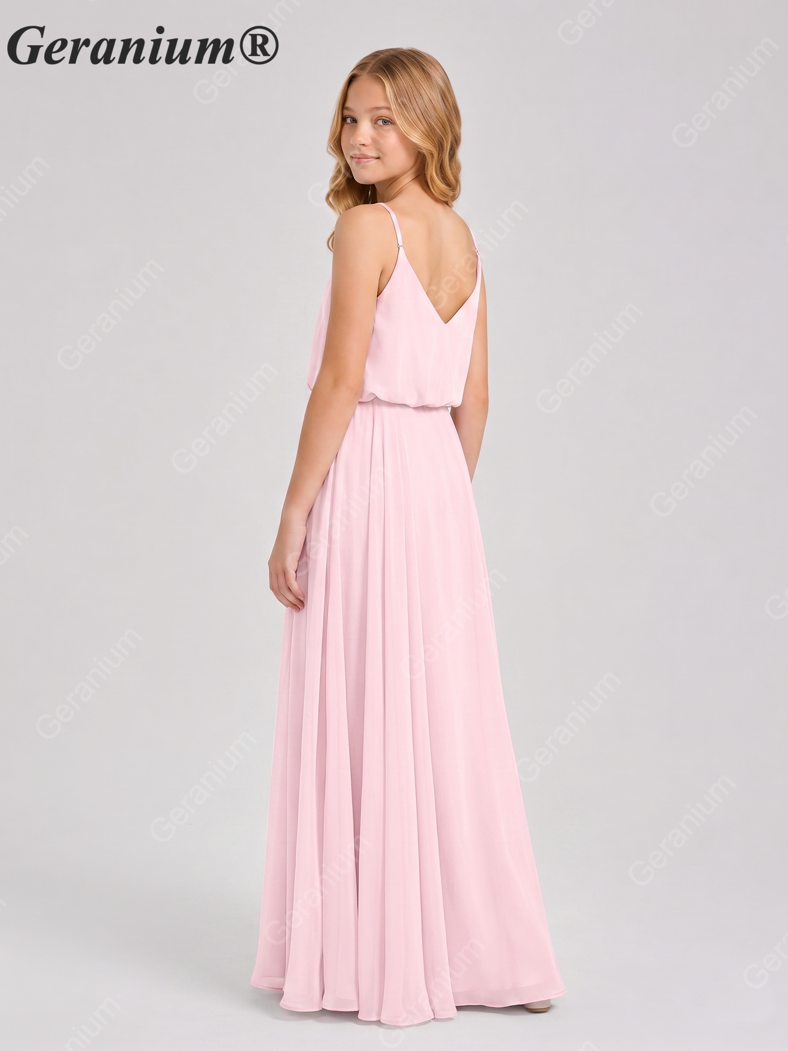 Geranium Chiffon Spaghetti Strap Junior Bridesmaid Dress with Slit – KD-314 Secondary image