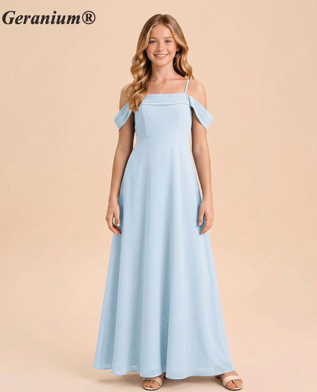 Geranium Dusty Blue Off-Shoulder Chiffon Bridesmaid Dress – A-Line Spaghetti Strap Floor-Length Elegant Formal Dress KD-167