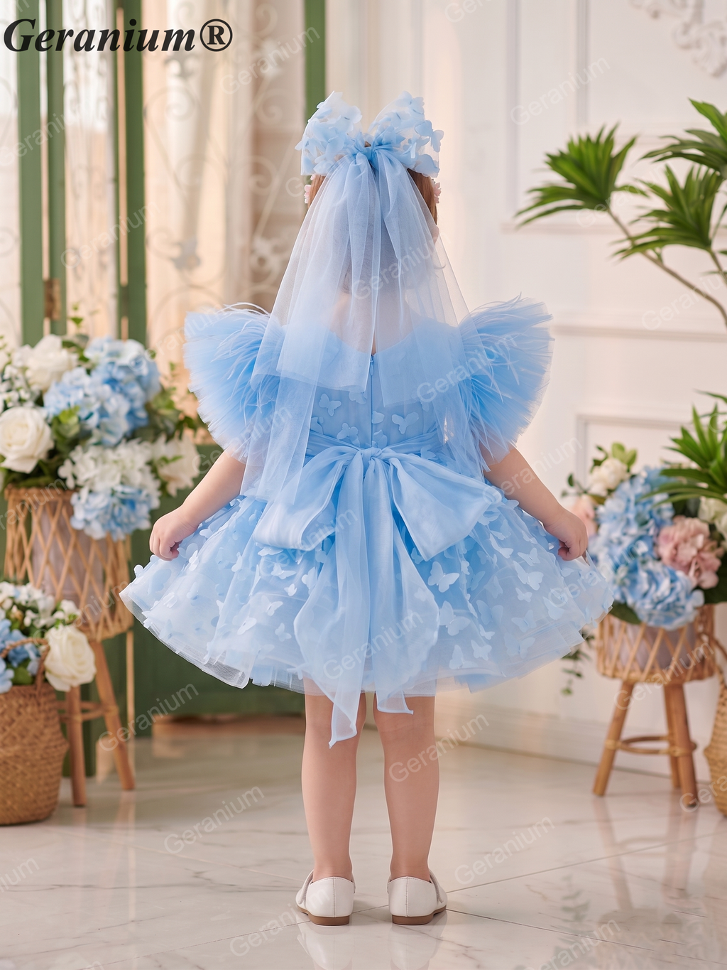 Geranium 3D Butterfly Appliqué Flower Girl Dress - Ruffled Wing Sleeves Tulle Tutu Birthday Party Gown with Matching Veil KD-372