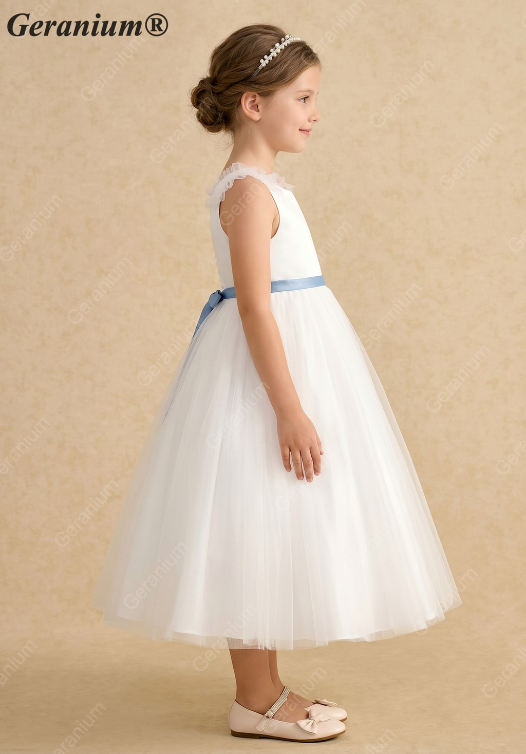 Geranium Ruffle V-Back Flower Girl Dress with Satin Bow Sash - Tulle T-Length Princess Party Gown KD-179