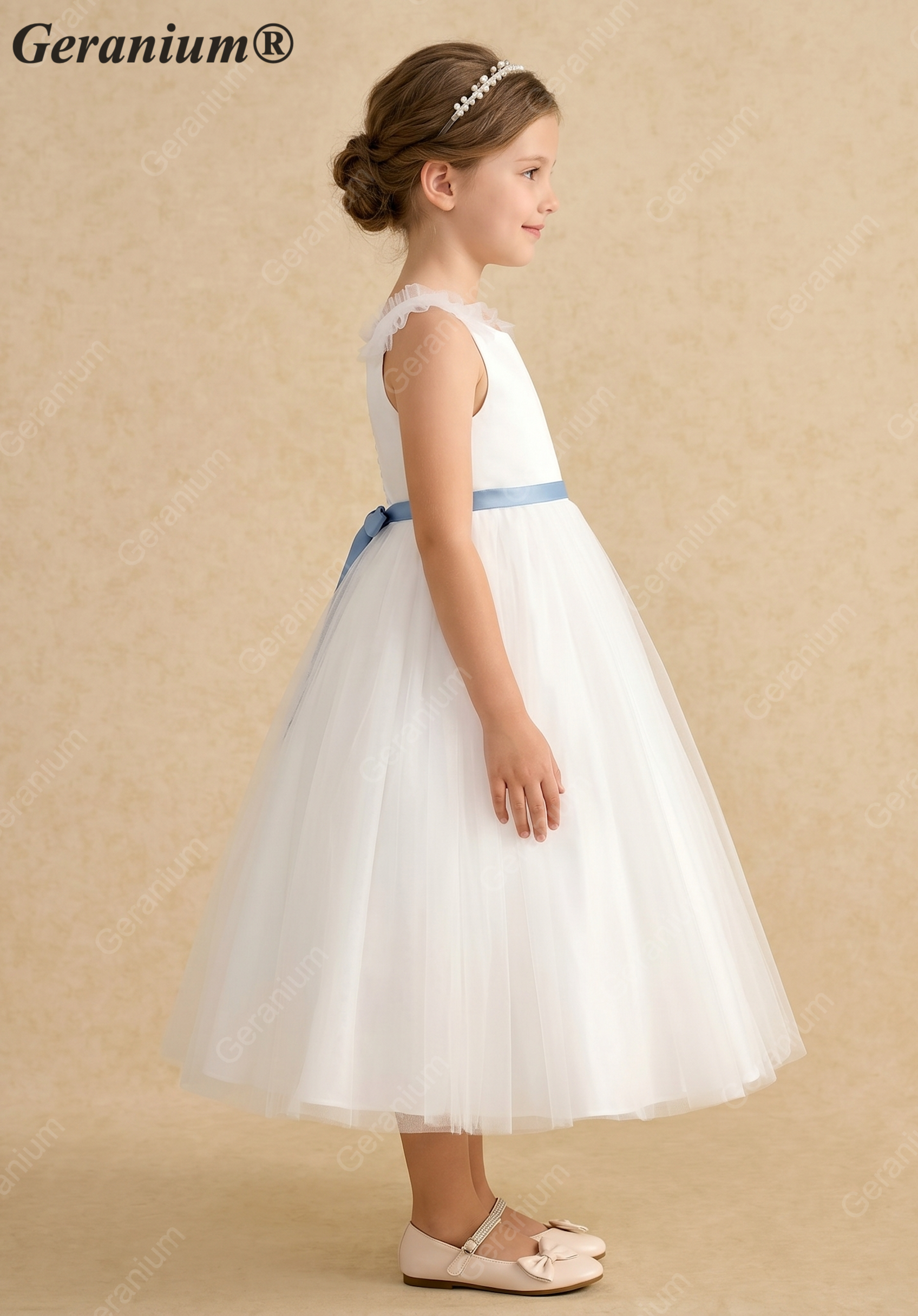 Geranium Ruffle V-Back Flower Girl Dress with Satin Bow Sash - Tulle T-Length Princess Party Gown KD-179