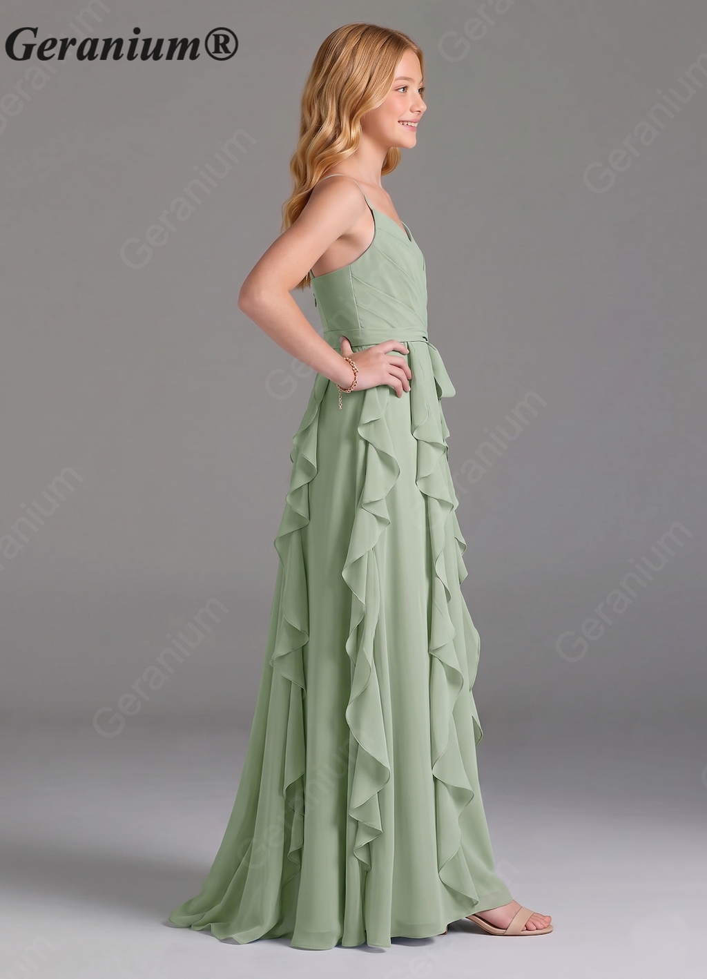 Geranium Sage Green Chiffon Junior Bridesmaid Dress with Ruffle Skirt – Spaghetti Strap V-Neck Teen Formal Dress KD-57