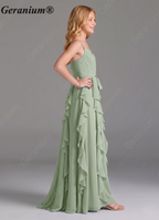 Geranium Sage Green Chiffon Junior Bridesmaid Dress with Ruffle Skirt – Spaghetti Strap V-Neck Teen Formal Dress KD-57