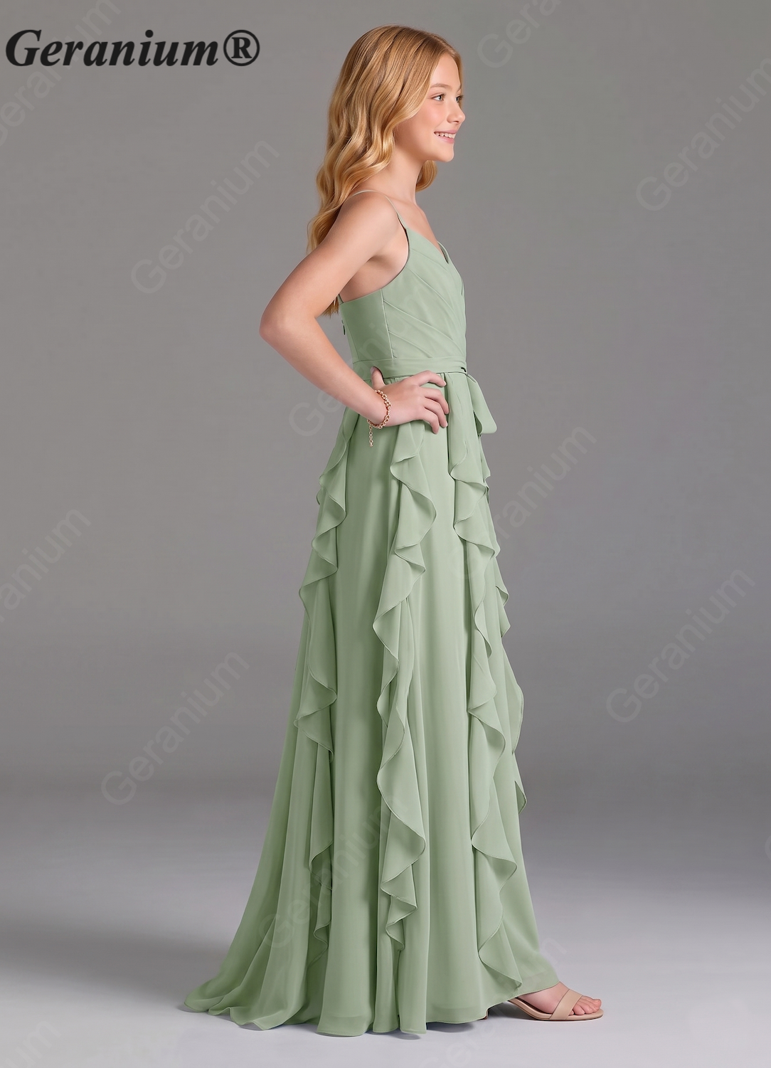 Geranium Sage Green Chiffon Junior Bridesmaid Dress with Ruffle Skirt – Spaghetti Strap V-Neck Teen Formal Dress KD-57