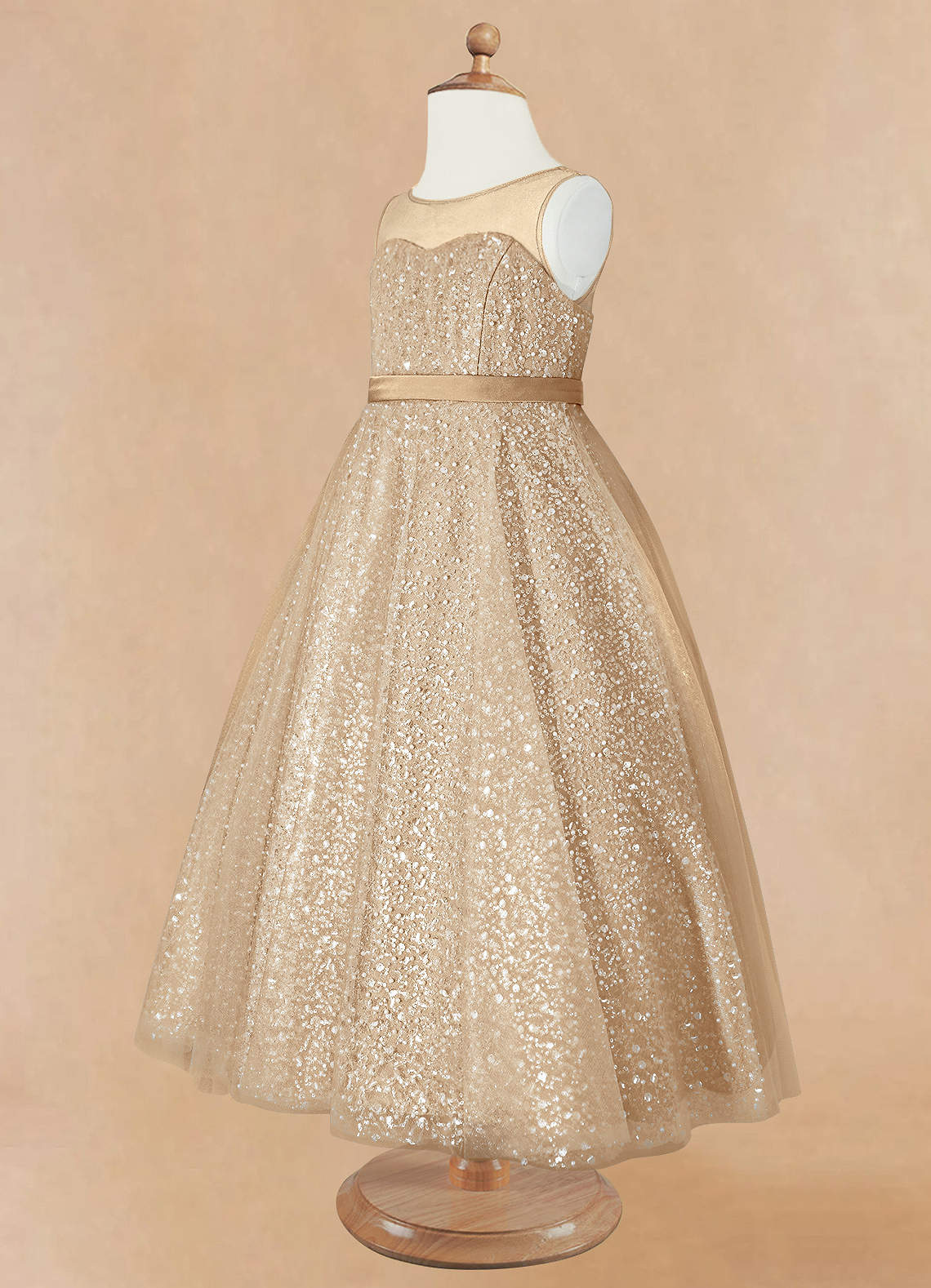 Geranium Luxury Champagne Gold Sequin Flower Girl Dress - Illusion Neckline Tulle Ball Gown for Kids KD-267