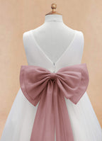 Geranium Elegant White Tulle Flower Girl Dress with Dusty Rose Sash & Oversized Back Bow KD-195