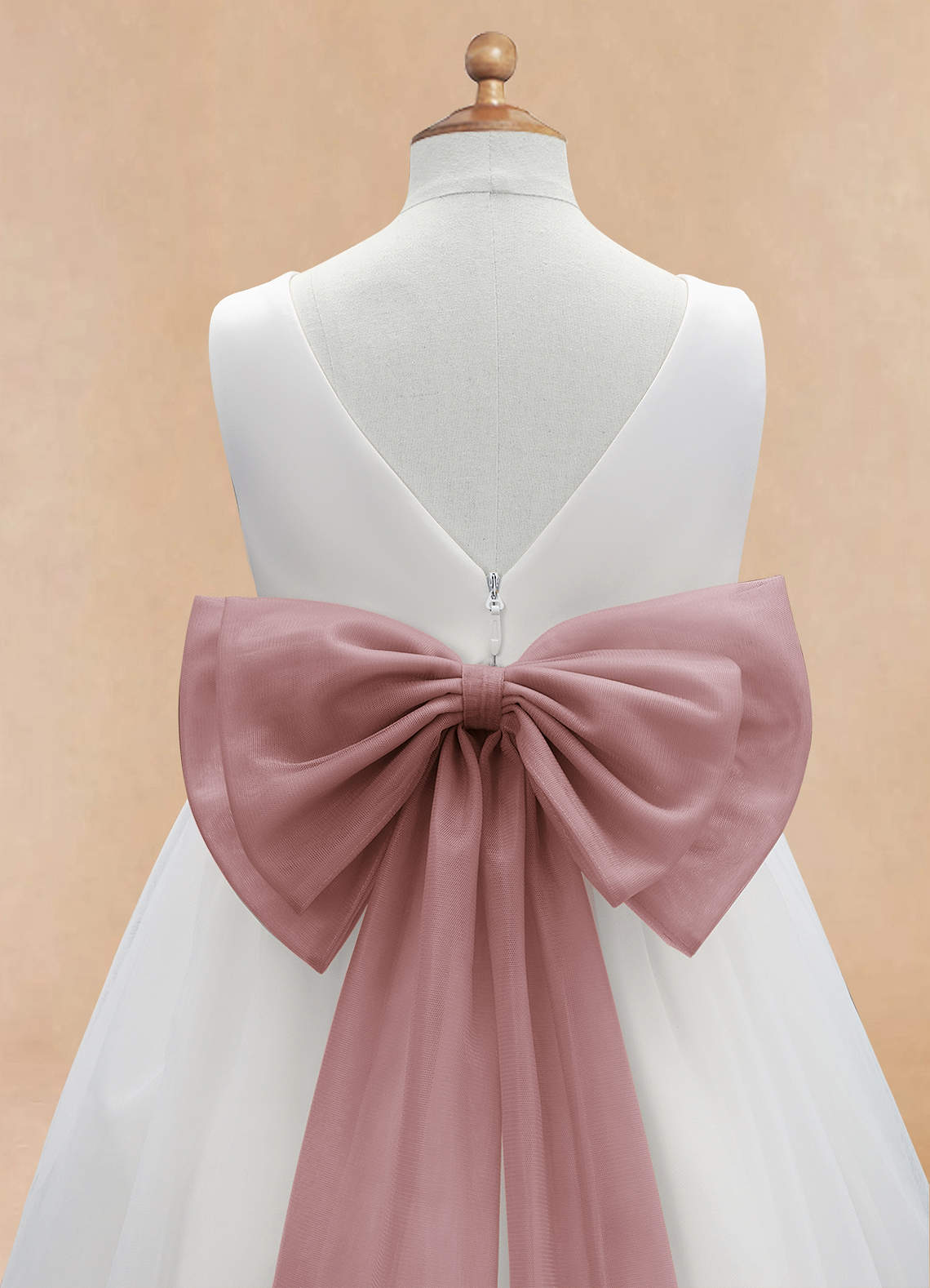 Geranium Elegant White Tulle Flower Girl Dress with Dusty Rose Sash & Oversized Back Bow KD-195