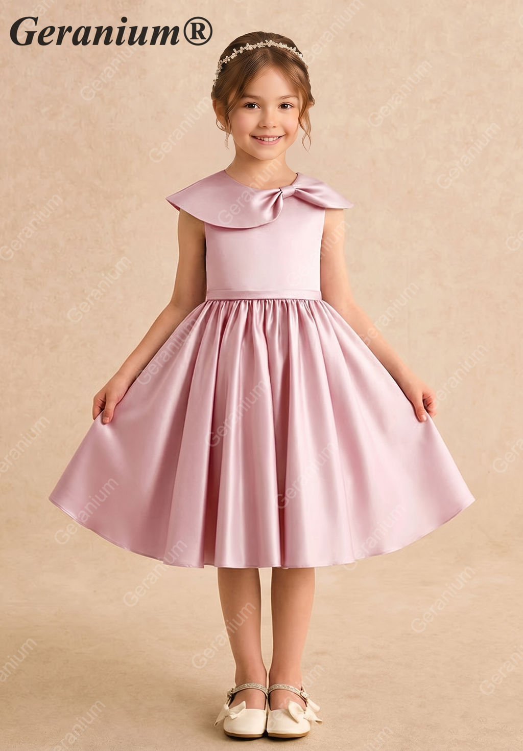 Geranium Elegant Girls' Pink Satin A-Line Party Dress with Oversized Bow Collar - Perfect for Flower Girls & Birthdays KD-222