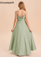 Geranium Sage Green A-Line Satin Bridesmaid Dress with Draped Back & Spaghetti Straps KD-62