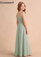 Geranium Ruffle Square Neck Chiffon Floor-Length Sage Green Junior Bridesmaid Dress for Kids/Teens (With Optional Side Slit) KD-174