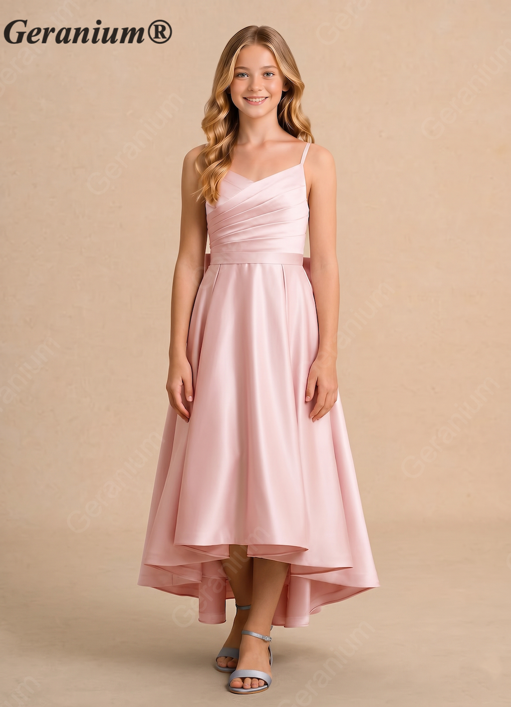 Geranium Elegant Satin High-Low Flower Girl Dress with Oversized Back Bow - Pleated Bodice KD-266