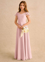 Geranium Blush Pink Chiffon Junior Bridesmaid Dress with Flutter Sleeves & Crisscross Back KD-147