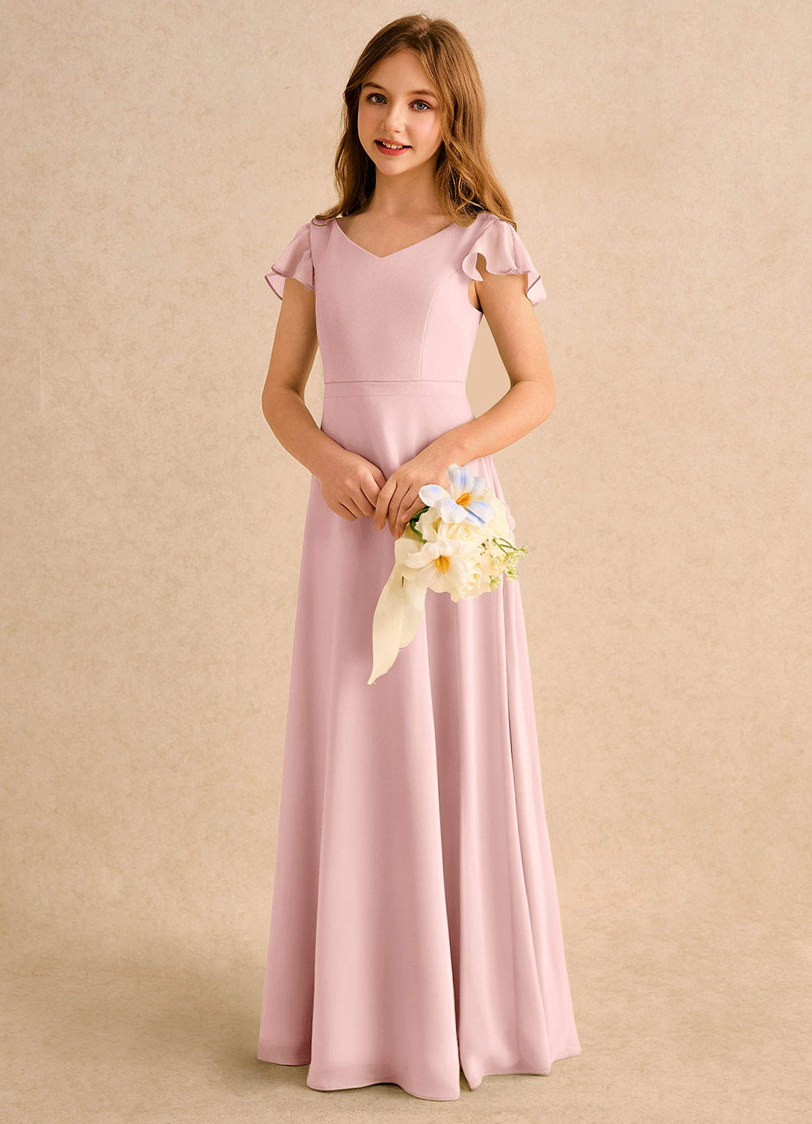 Geranium Blush Pink Chiffon Junior Bridesmaid Dress with Flutter Sleeves & Crisscross Back KD-147