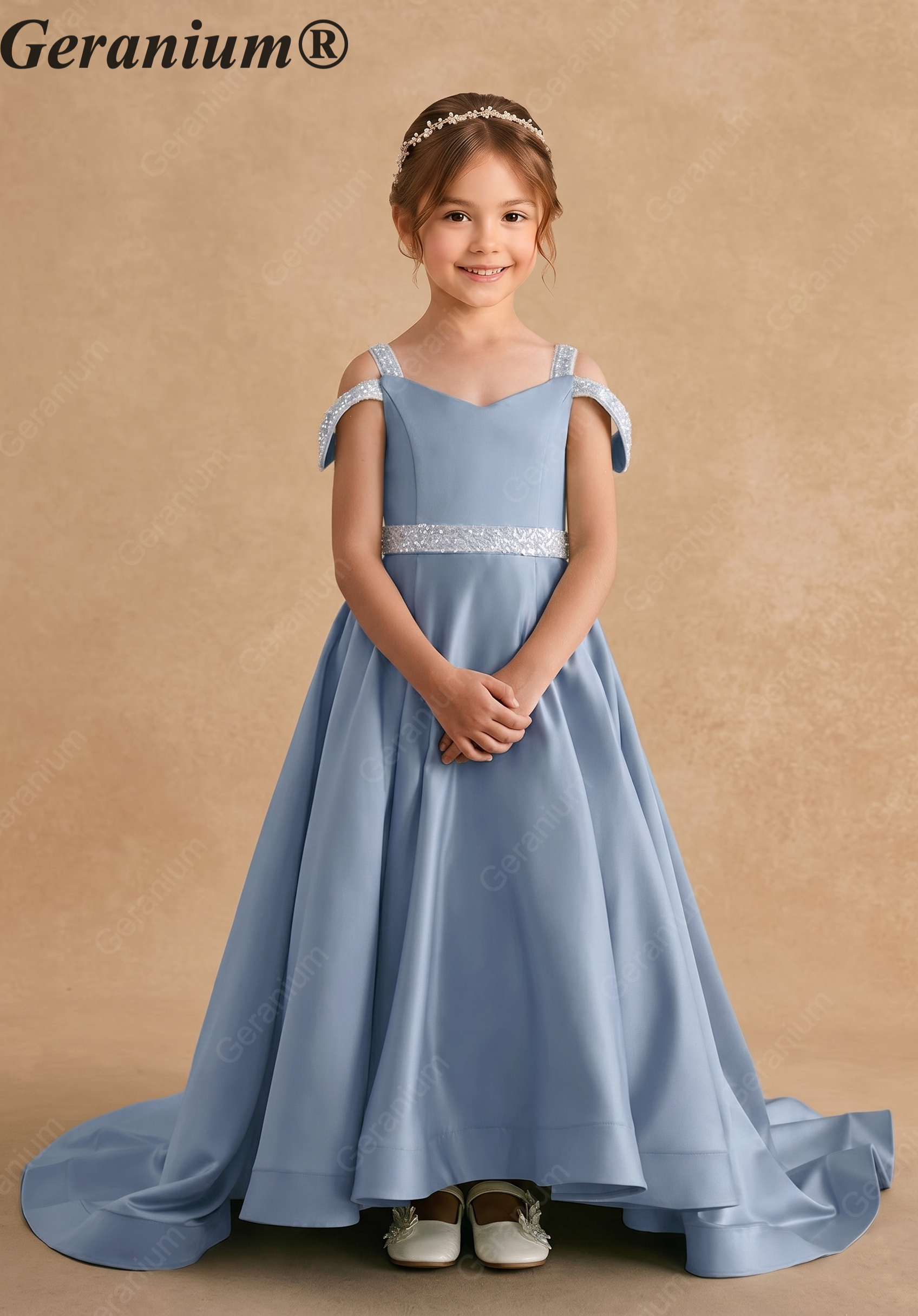 Geranium Ice Blue Satin Cold-Shoulder Flower Girl Dress with Sequin Waist & Long Train KD-263