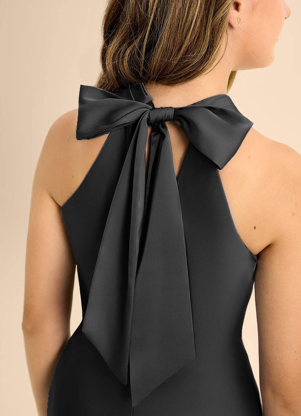 Geranium Black Satin Halter Neck Bridesmaid Dress with Open Back Bow – Elegant Slim Fit Maxi Evening Gown KD-96