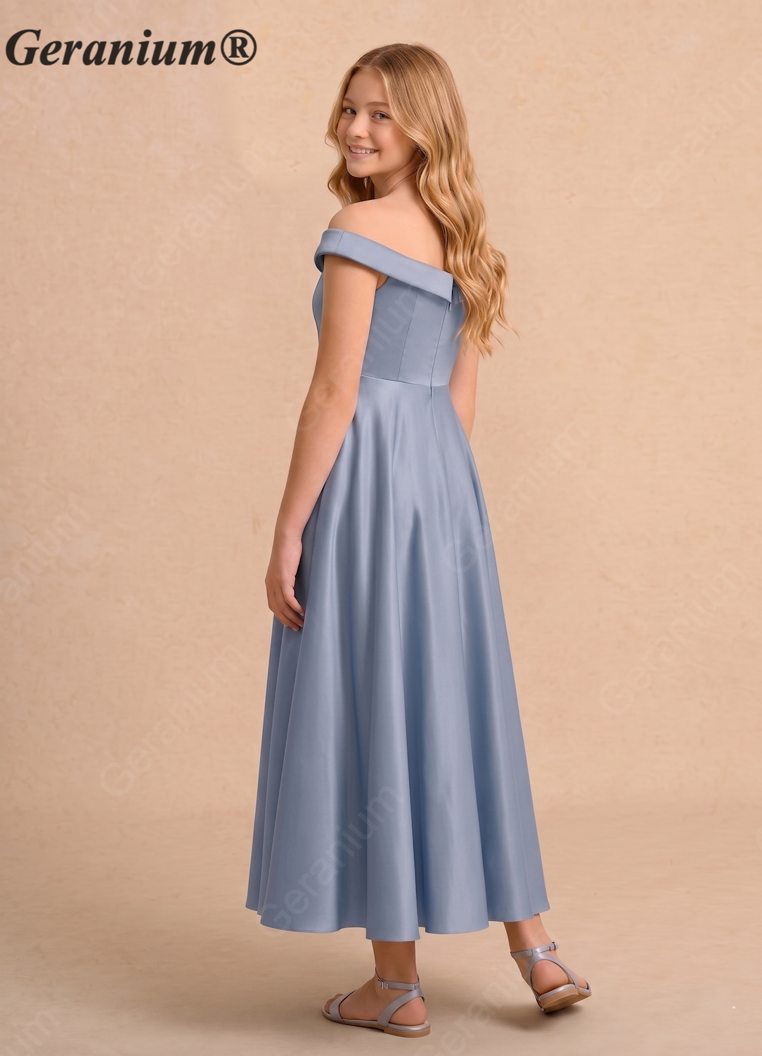 Geranium Dusty Blue Off-Shoulder Satin Junior Bridesmaid Dress – KD-60 Secondary image