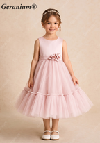Geranium Elegant Blush Pink Tulle Flower Girl Dress - Satin Bodice with Handmade 3D Rosettes KD-206