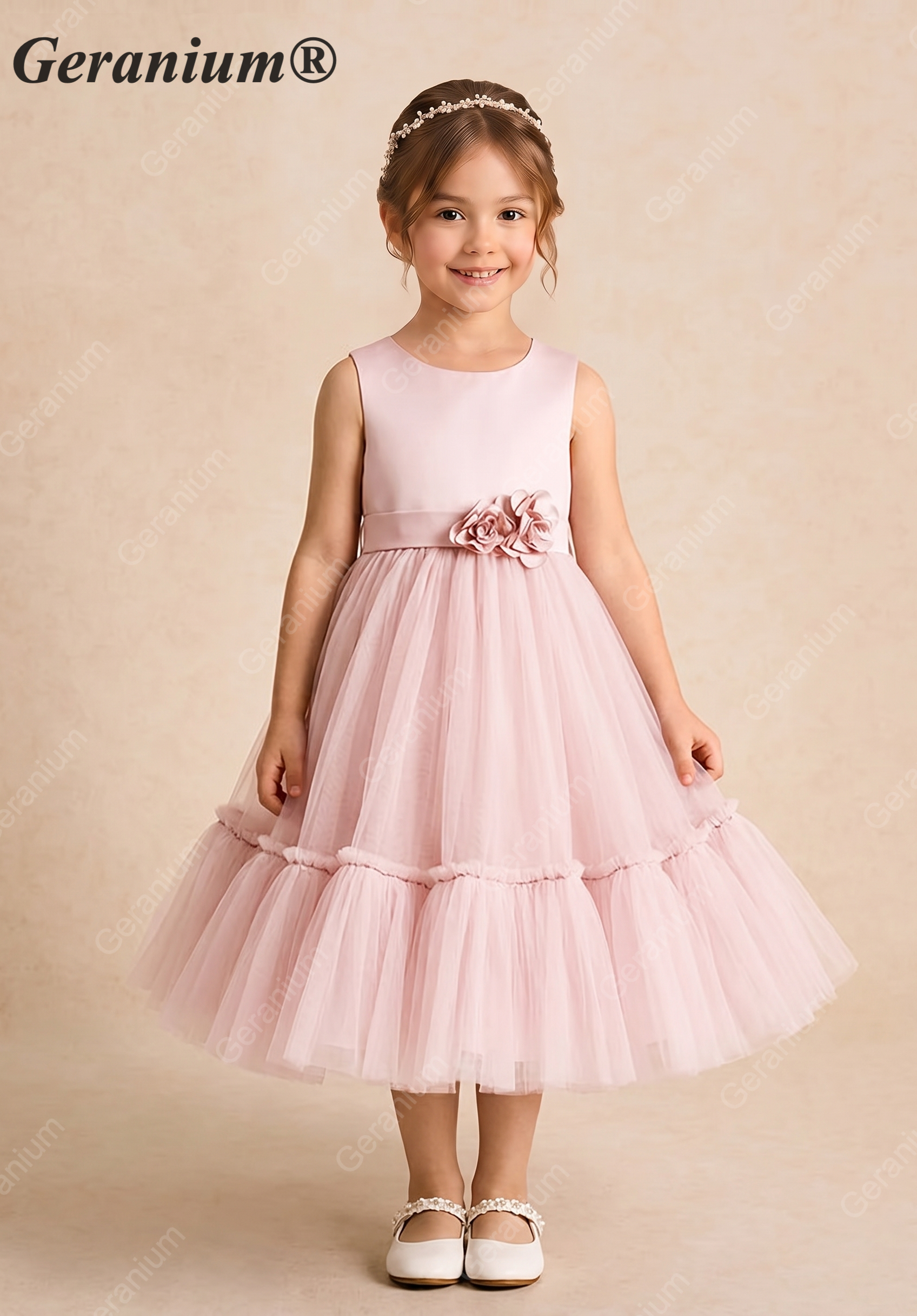 Geranium Elegant Blush Pink Tulle Flower Girl Dress - Satin Bodice with Handmade 3D Rosettes KD-206