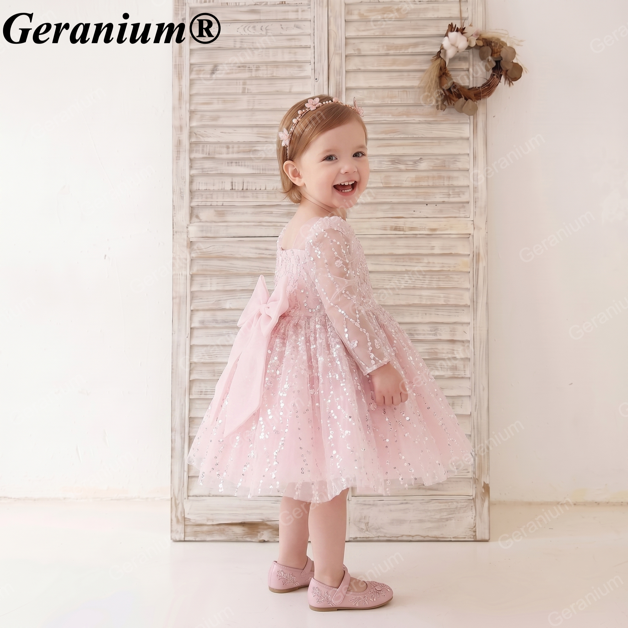 Geranium Sparkling Sequin Flower Girl Dress with Oversized Back Bow - Long Sleeve Illusion Princess Gown KD-37 Secondary image