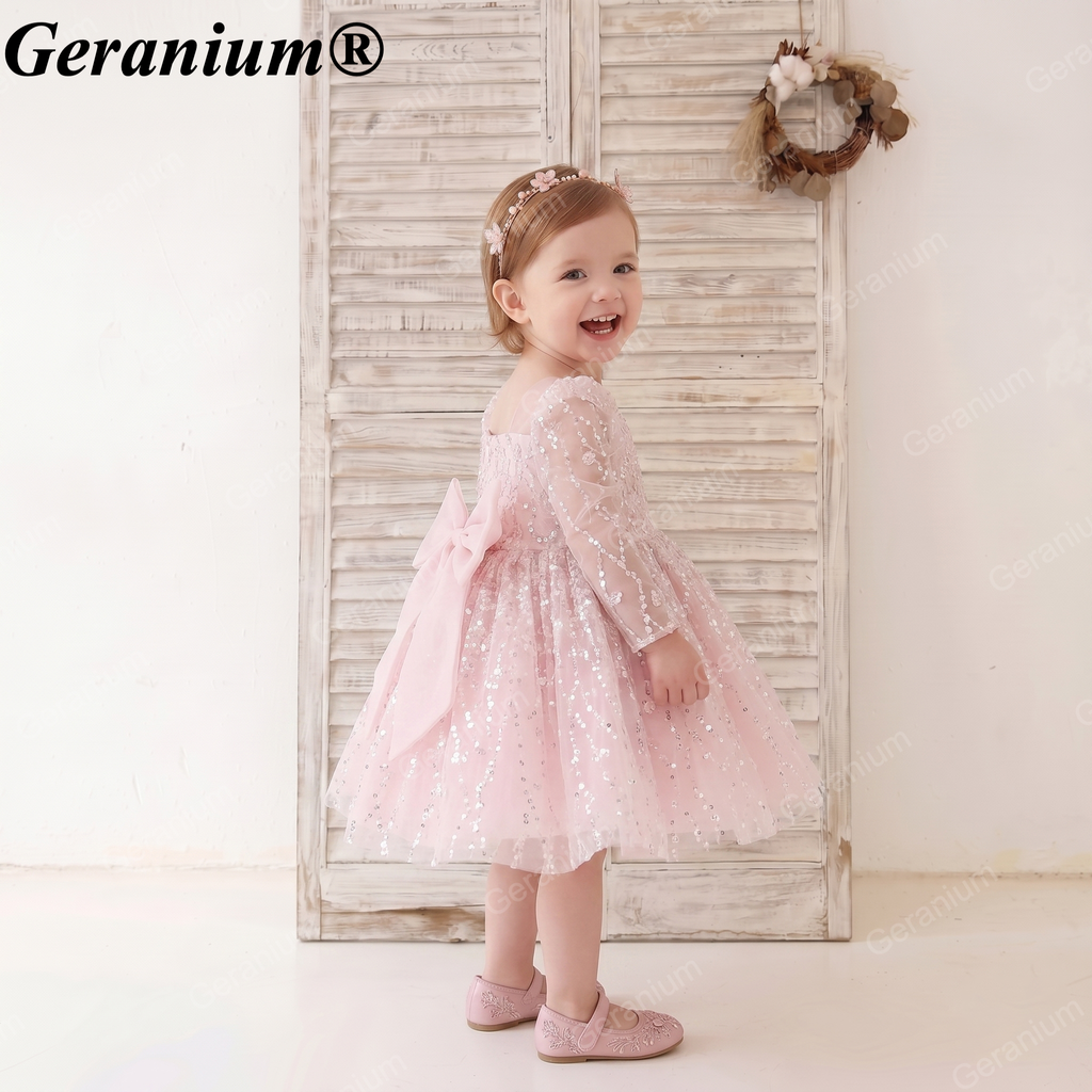 Geranium Sparkling Sequin Flower Girl Dress with Oversized Back Bow - Long Sleeve Illusion Princess Gown KD-37