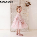 Geranium Sparkling Sequin Flower Girl Dress with Oversized Back Bow - Long Sleeve Illusion Princess Gown KD-37