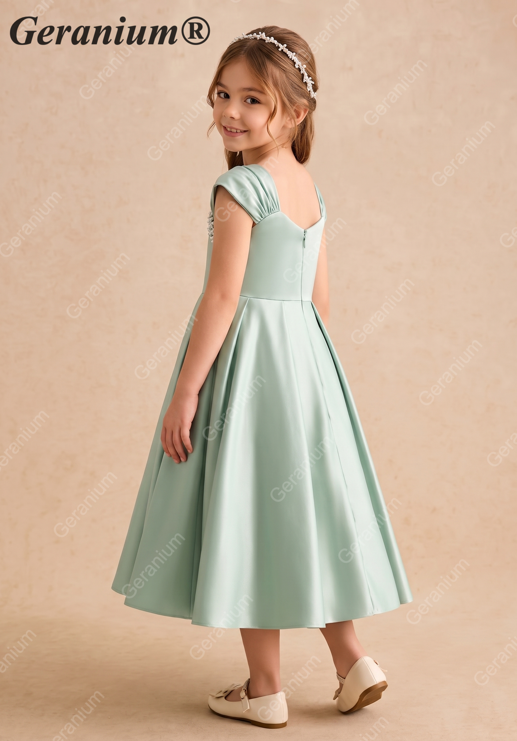 Geranium Elegant Pearl-Beaded Sage Green Satin Flower Girl Dress - Pleated A-Line Princess Party Gown for Kids KD-211