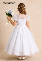 Geranium Elegant Tiered Tulle Flower Girl Dress with Puff Sleeves & Crystal Belt KD-207