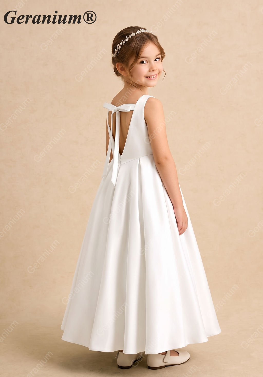 Geranium Elegant Minimalist Satin Flower Girl Dress: Open V-Back with Bow & Pleated A-Line Skirt KD-197