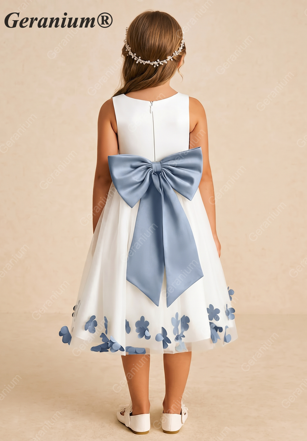 Geranium Elegant White Tulle Flower Girl Dress with Dusty Blue 3D Butterfly Appliqués & Oversized Removable Bow KD-202