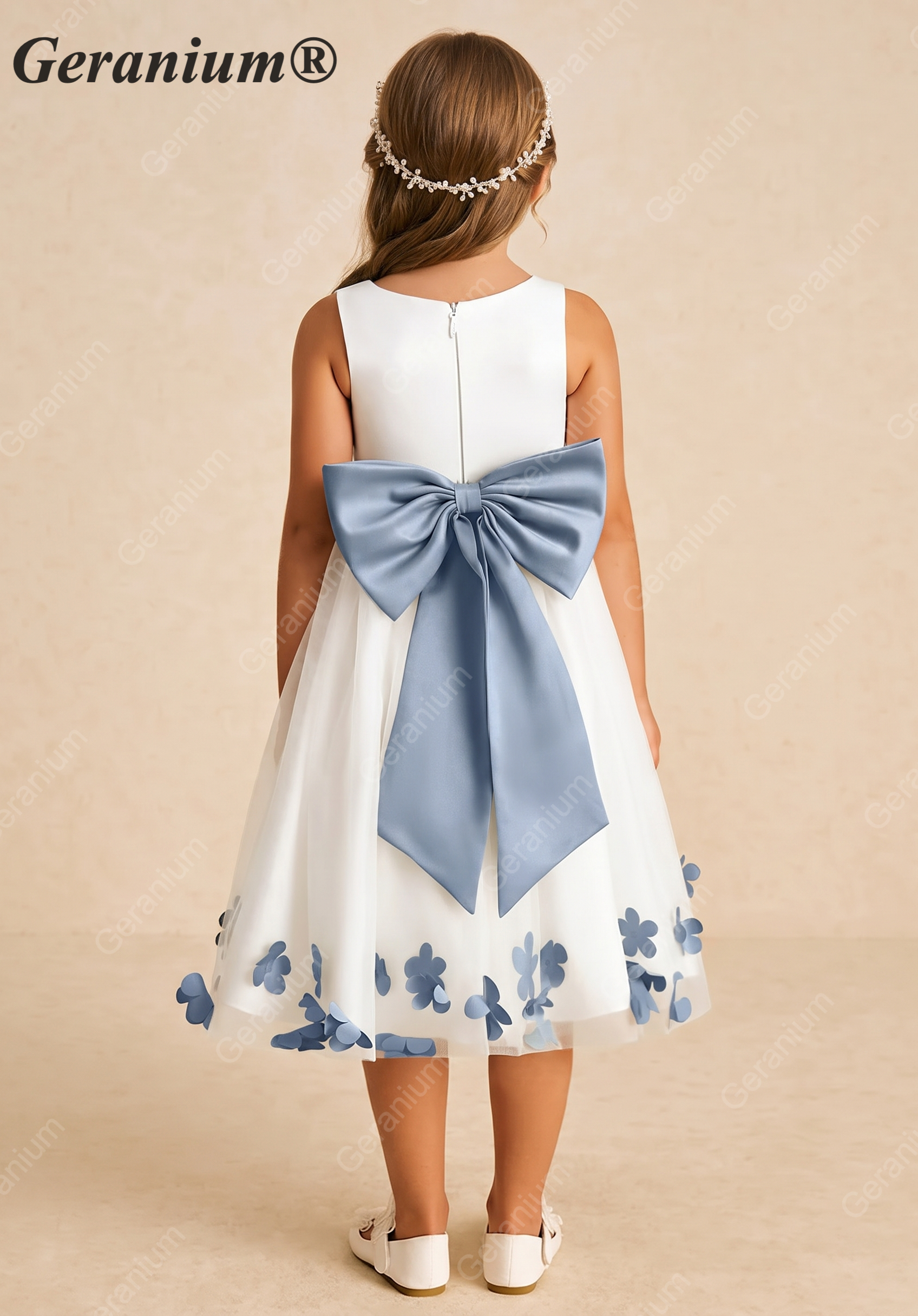 Geranium Elegant White Tulle Flower Girl Dress with Dusty Blue 3D Butterfly Appliqués & Oversized Removable Bow KD-202