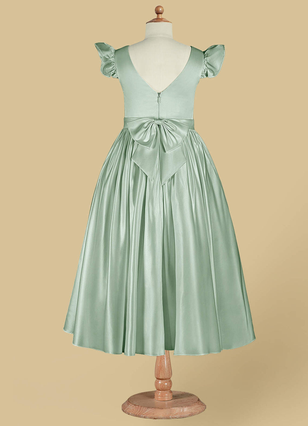 Geranium Mint Green Satin Flower Girl Dress with Flutter Sleeves & Back Bow - Elegant A-Line Communion Party Gown KD-252