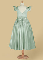 Geranium Mint Green Satin Flower Girl Dress with Flutter Sleeves & Back Bow - Elegant A-Line Communion Party Gown KD-252