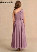 Geranium Dusty Mauve One Shoulder Flower Girl Dress with Bow – Elegant Chiffon Junior Bridesmaid Dress Long KD-106
