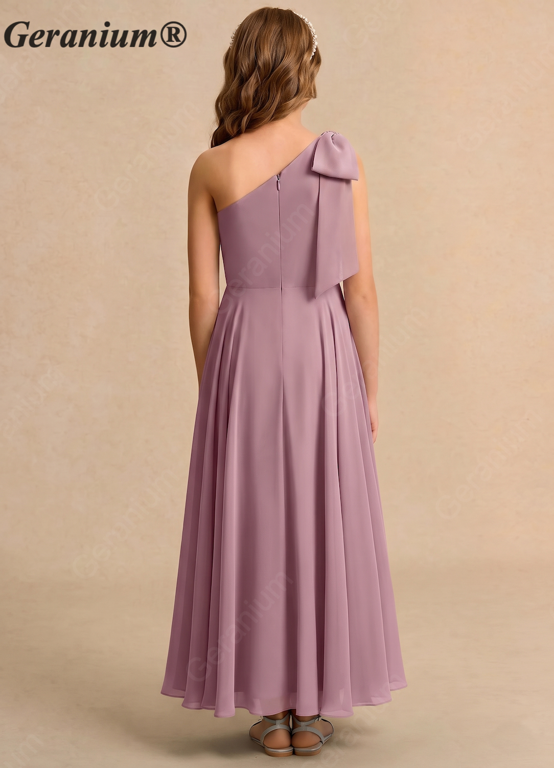 Geranium Dusty Mauve One Shoulder Flower Girl Dress with Bow – Elegant Chiffon Junior Bridesmaid Dress Long KD-106