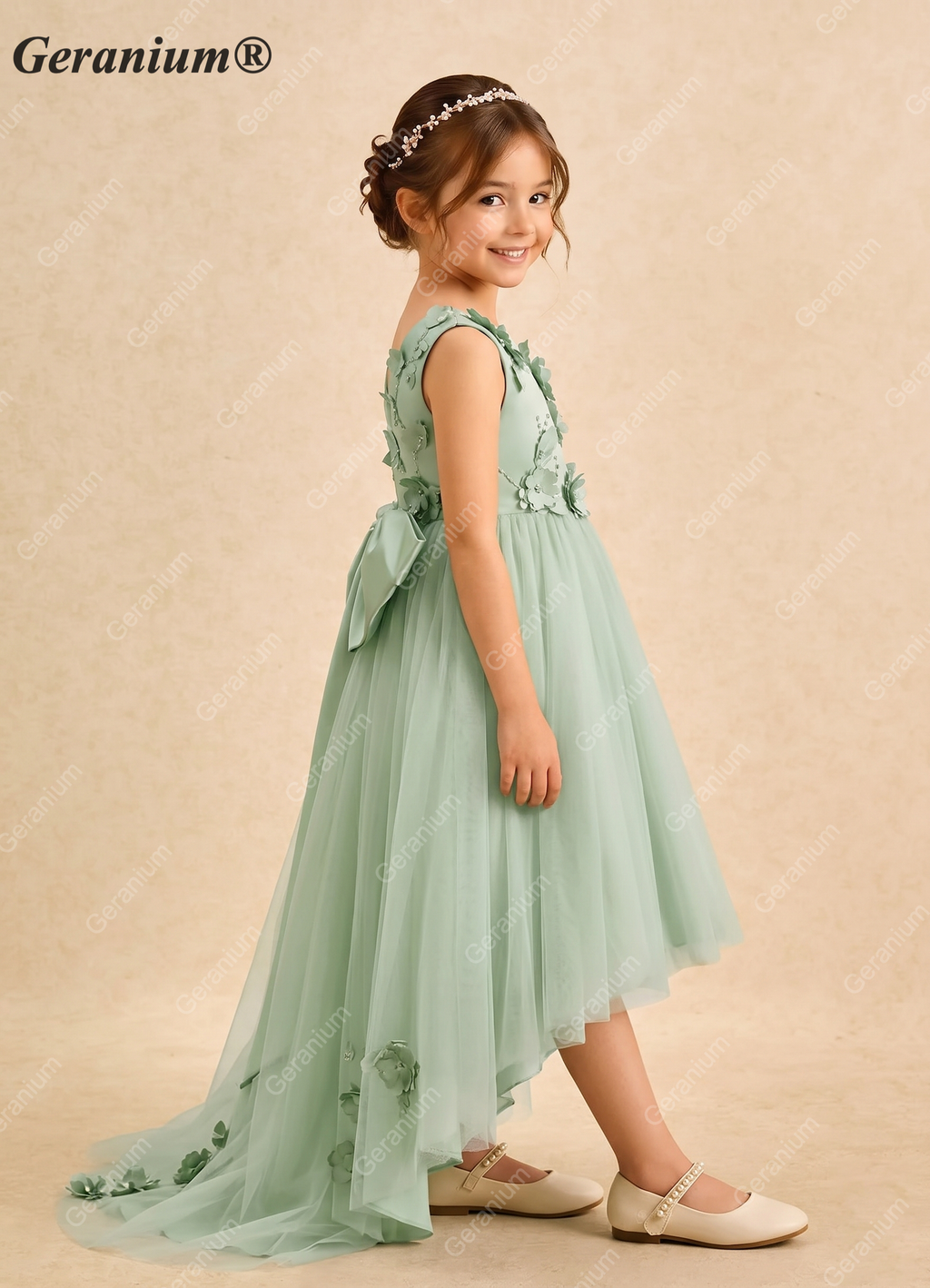 Geranium 3D Floral Applique Sage Green Flower Girl Dress - High-Low Tulle Ball Gown with Satin Bow KD-91