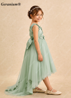 Geranium 3D Floral Applique Sage Green Flower Girl Dress - High-Low Tulle Ball Gown with Satin Bow KD-91