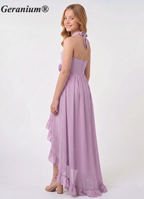 Geranium Lilac Halter High Low Junior Bridesmaid Dress with Floral Waist Chiffon Flowy Formal Dress for Girls KD-59