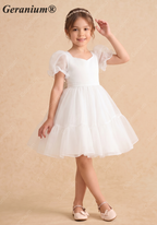 Geranium Heart Back Puff Sleeve Flower Girl Dress - Elegant Tulle Princess Party Gown KD-294