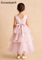 Geranium Tiered Tulle Flower Girl Dress with Satin Bow - Sleeveless Pink Party Gown for Kids KD-296
